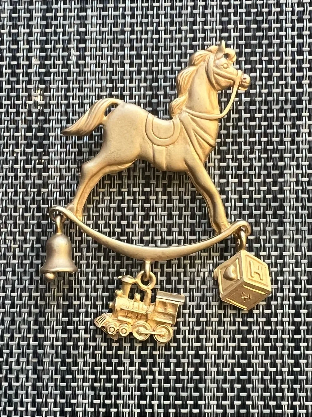 Gold Horse Carousel Brooch with Train & Block Charms